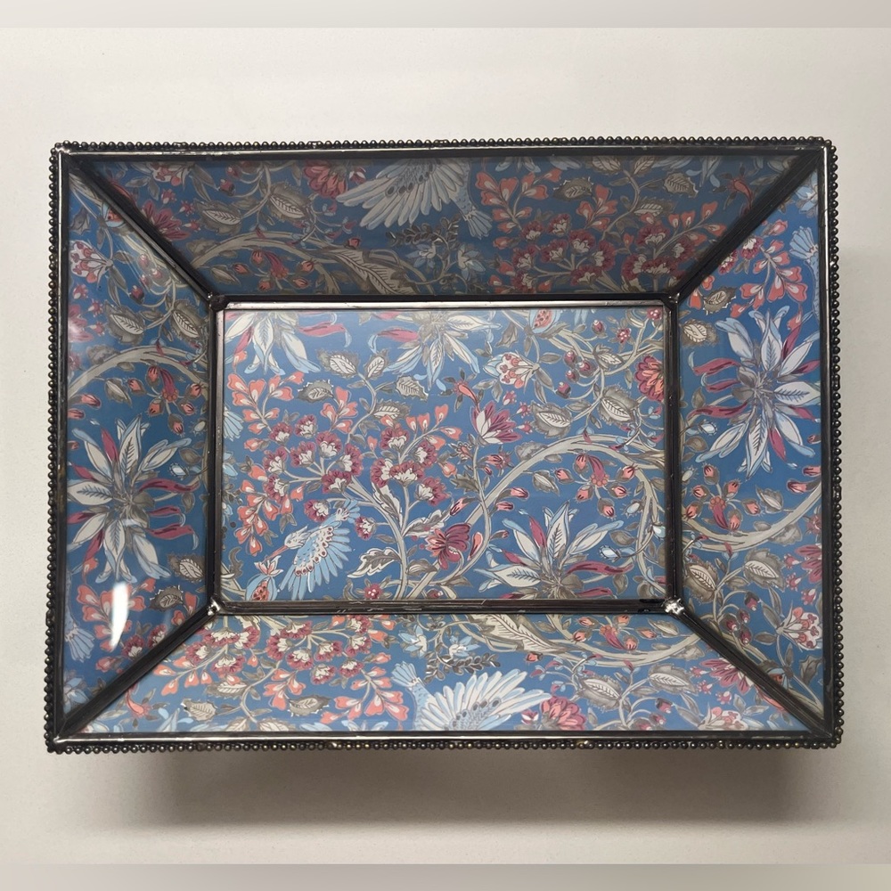 Vintage Blue Glass And Metal Tray 9” x 7” x 2”With Birds And Flowers Rare EUC